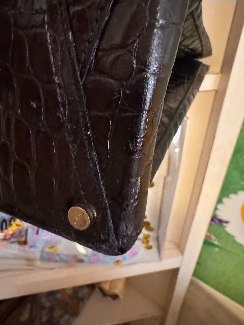 Salvatore Ferragamo Black Croc-Embossed Leather Bag with Gold Hardware